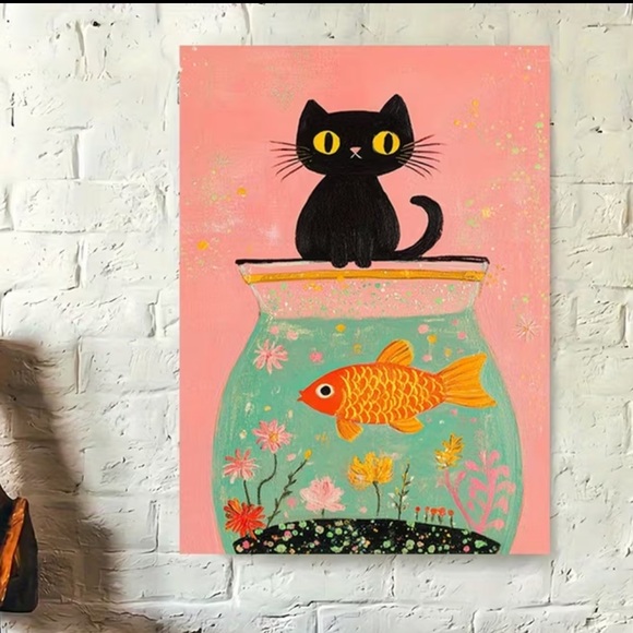 Other - Black Cat and Goldfish Art Print